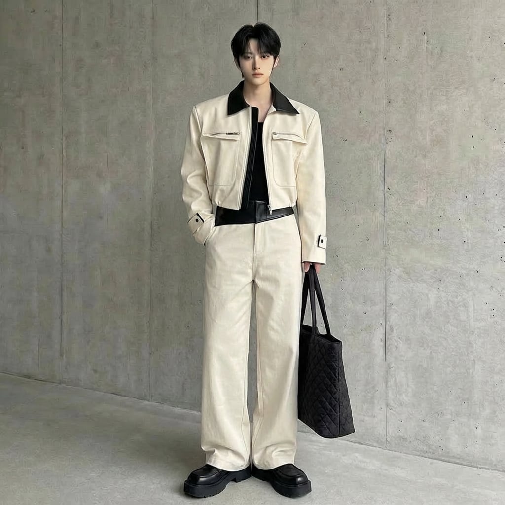 バイカラー レザー切替 カジュアルセットアップ 2カラー D11442