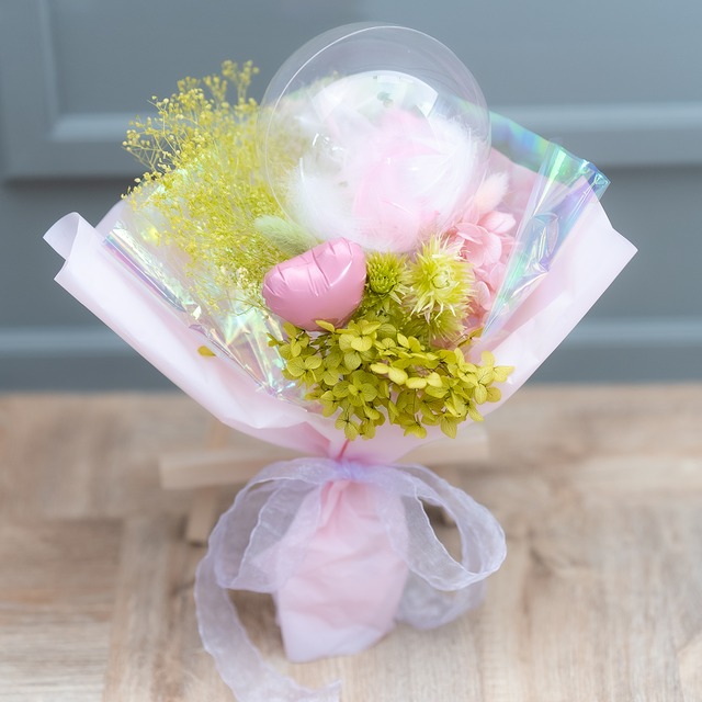 【フェザー】バルーンミニブーケ【コキール】ピンク・グリーン系