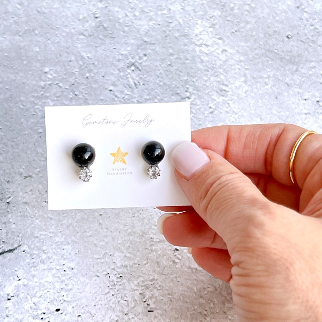 漆黒の宇宙Ⅱ✧モリオンお守りピアス＆ネックレスset（ラウンド）✧GALAXY✧プチネックレス＆ピアス✧サージカルステンレス製