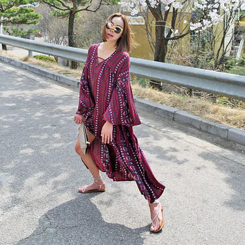 スカート ボヘミアンロングスリットエスニックプリントドレス レディース コットン ビーチ 延命家ファッション6410818