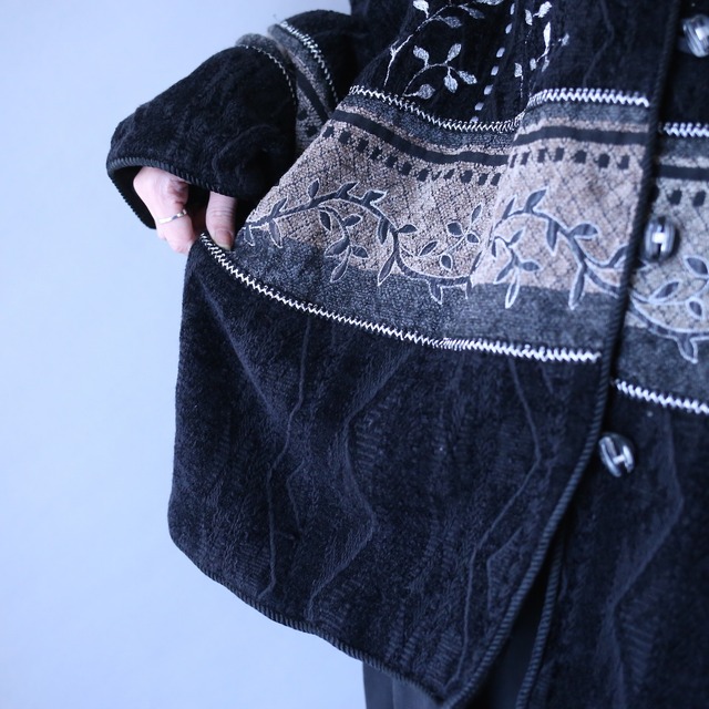 "刺繍" silver reef pattern crystal loop button over wide silhouette no-collar jacket