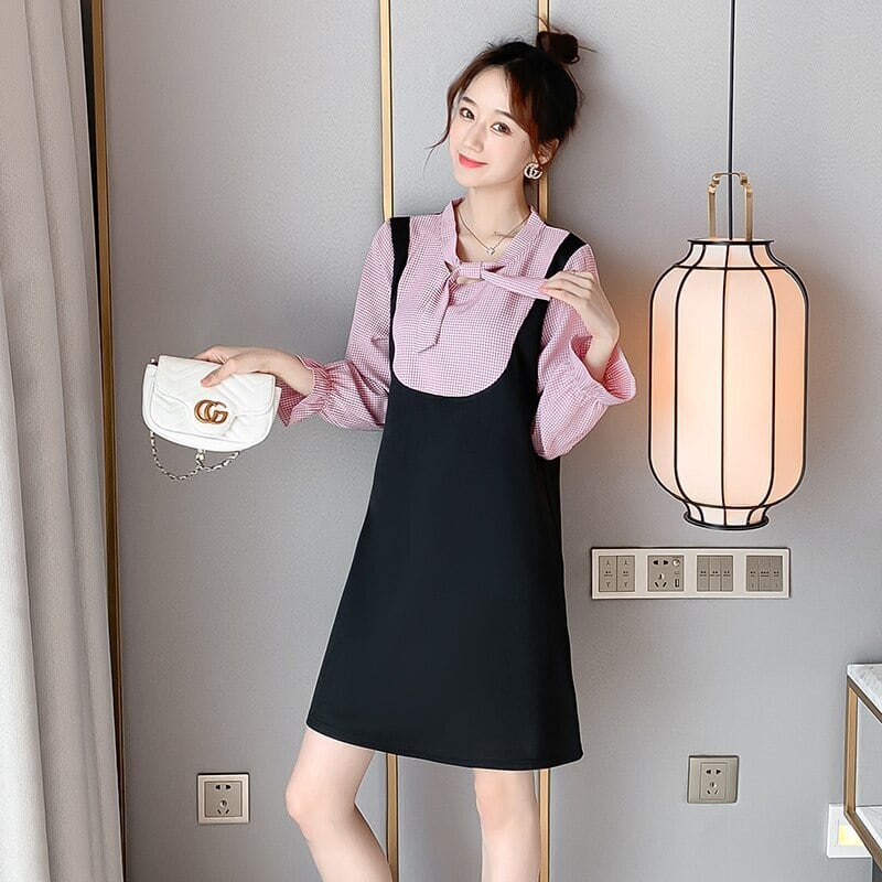 【新作】【送料無料】 6210＃マタニティ服春秋綿長袖ストライプボウカラードレス妊婦妊娠服 ロング リボン コットン スプリング 春物 オータム 秋物 AL expec336629382048