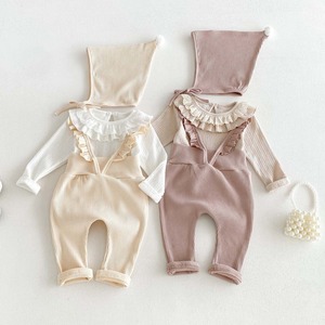 【BABY】秋新作ベビー リブ サロペットパンツ フリルデザイン