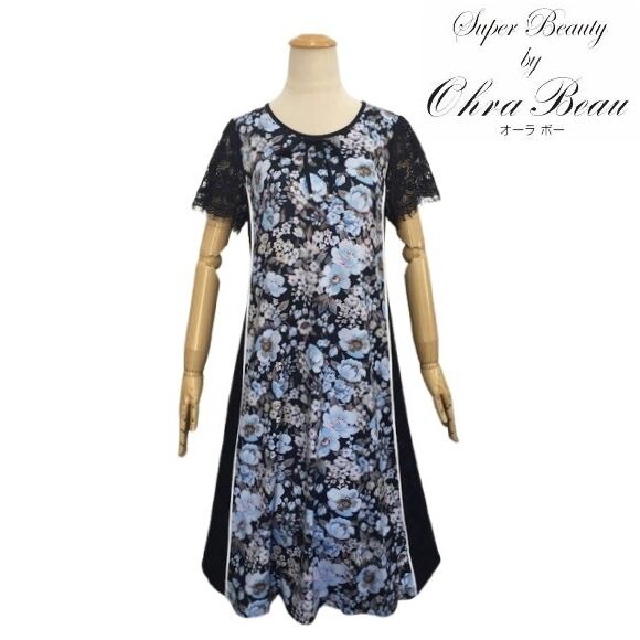 スーパービューティー ワンピース 脇レース 花柄 2516055 ブルー 2025年春夏 オーラボー Super Beauty 大人かわいい服 大人スタイル キレイメ レディース アパレル 女性 M L LL 30代 40代 50代 60代
