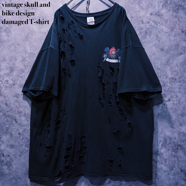 【doppio】vintage skull and bike design damaged T-shirt