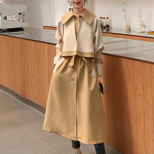 S/M/L/XL レディース トレンド バイカラー デザイントレンチコート ベージュ ロング丈 春秋