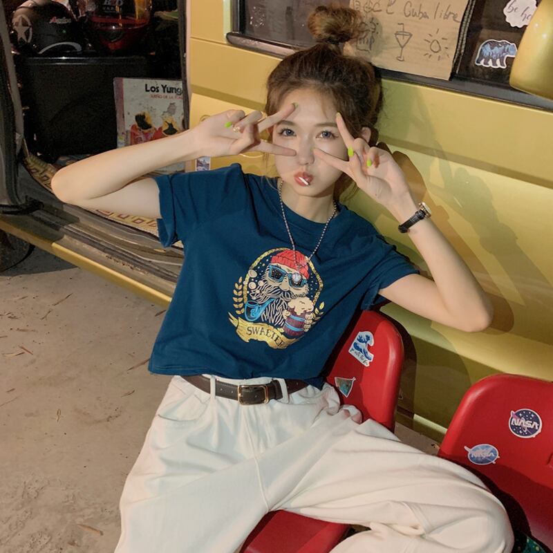 レッドショートTシャツ サマースタンダードトップス レトロ 夏物 試着室86075925404