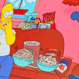 送料無料！ちょうどいいブリキ看板【 The Simpsons （ シンプソンズ ）】『 ホーマー幸せお菓子フォーメーション(笑) 』 METAL SIGN / メタルサイン / ブリキ看板 / サインボード / ビンテージ加工 〚アメリカン雑貨 アメトイ〛