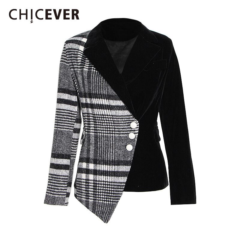 CHICEVERヒットカラーブレザー女性ノッチカラー長袖チェック柄パッチワーク非対称裾コート2021服タイド ロング 6base599471648982