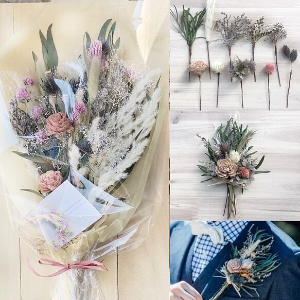 ナチュラルブーケHM ミモザユーカリステュアート ウェディング ドライ