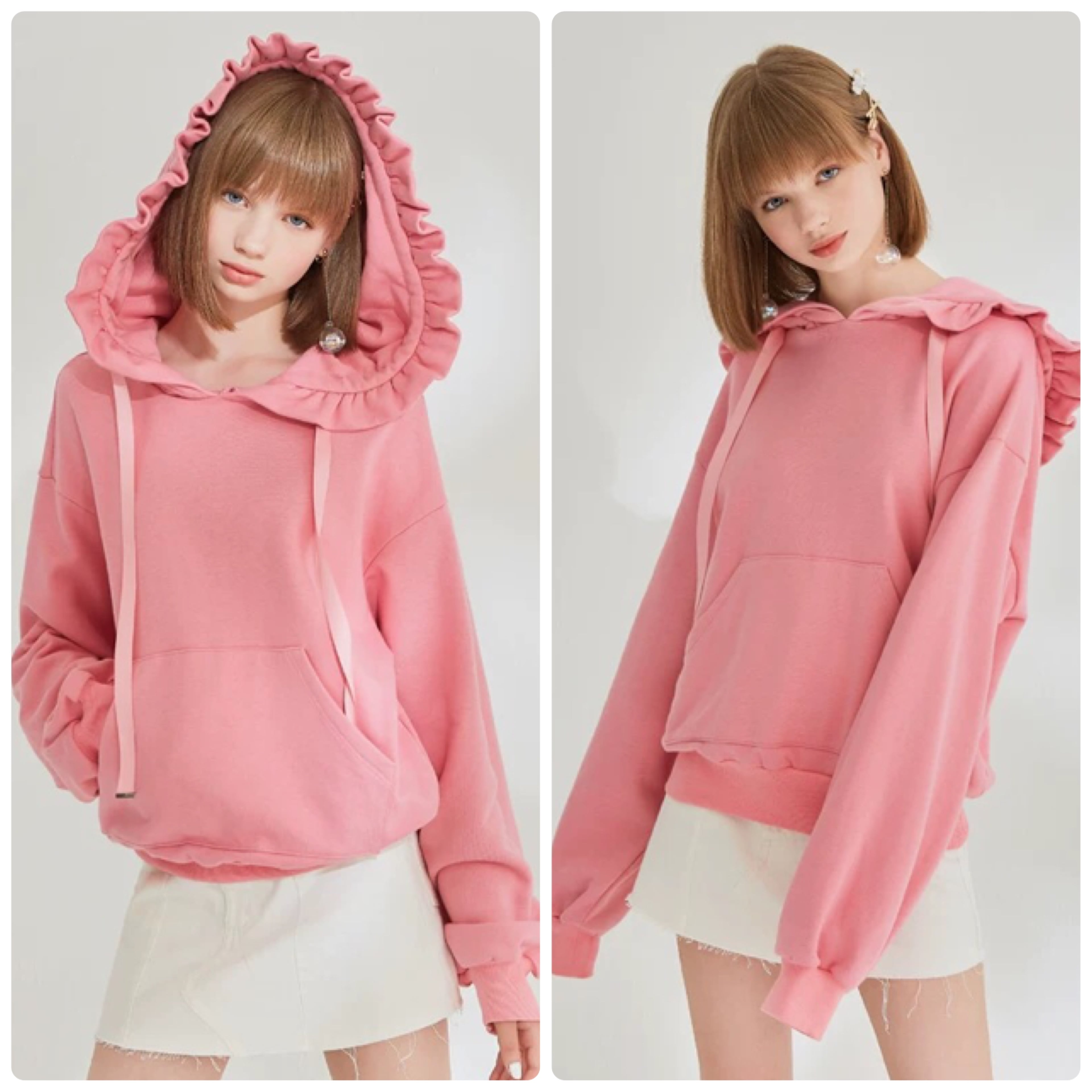 ピンク フード パーカー トップス トレーナー フリル リボン ポケット