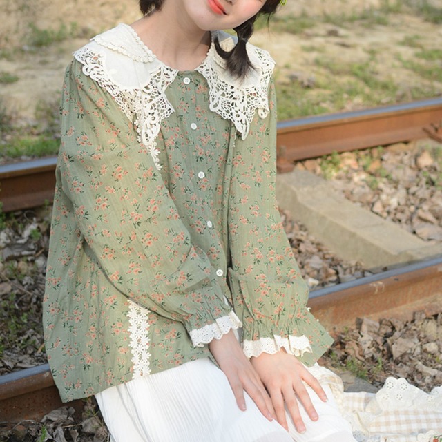 花柄プリントレースデザインロングスリーブブラウス W1433