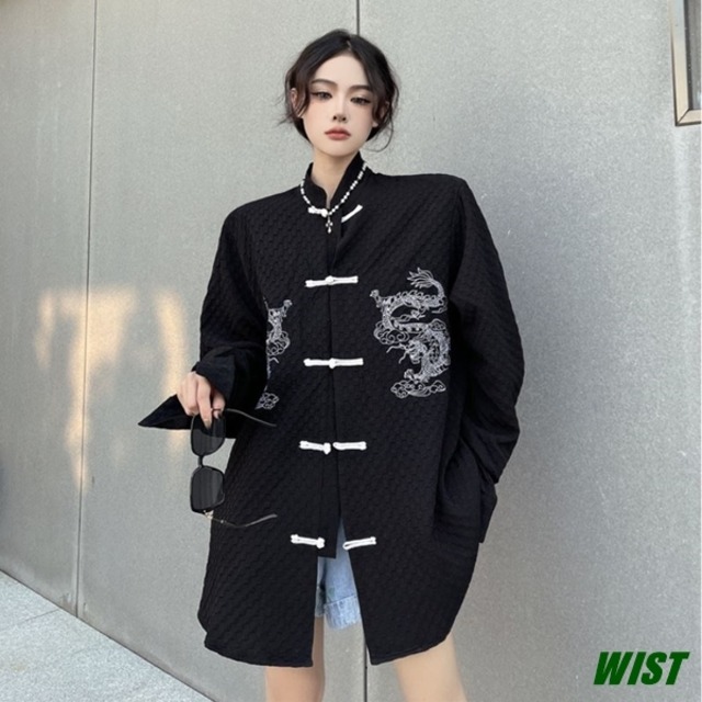 ユニセックス トップス シャツ 香港 台湾 中国 風 おしゃれ かわいい 黒 ブラック オルチャン 韓国ファッション 410