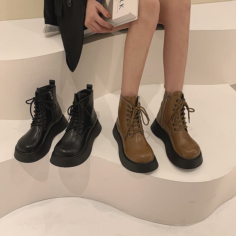 ブラックブーツオータムレッド レース 靴 シューズ 秋物 ラウンドトー レースアップ フェイクシューズ44871395723