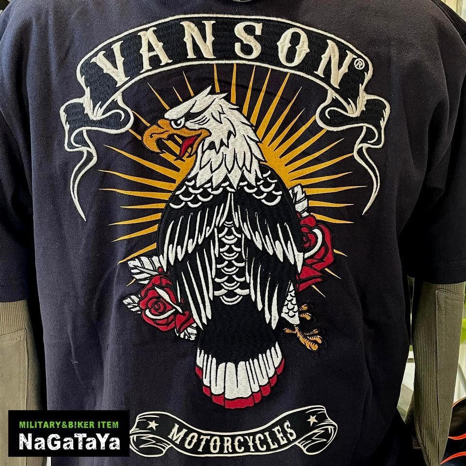 VANSON 半袖Tシャツ　総刺繍　バックビッグロゴ　エンブレム　バイカー　黒