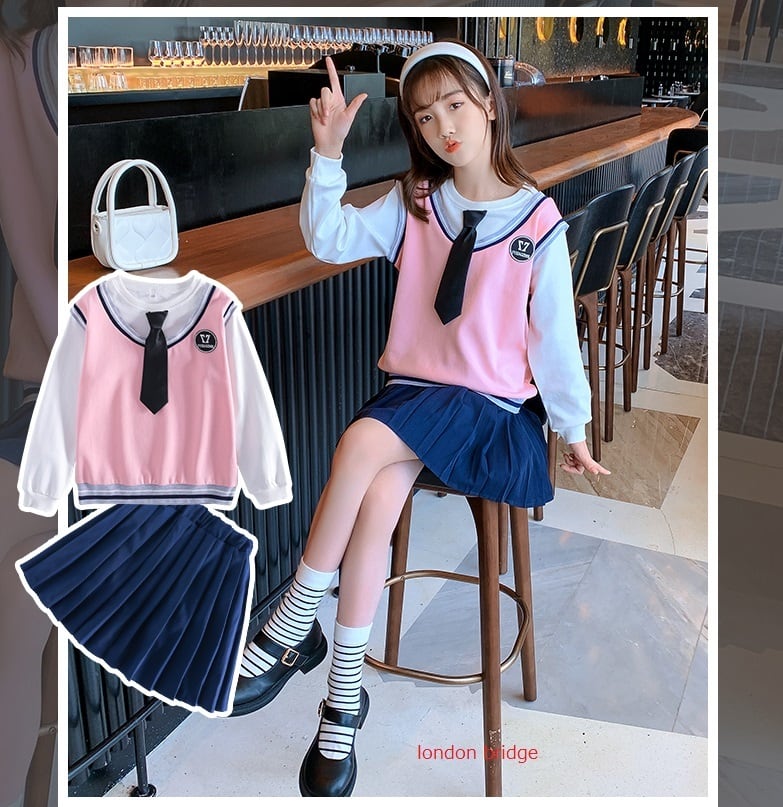 セーラー服風♡セットアップ トップス＋プリーツスカート】グレー ピンク 110-160 卒園式 入学式 冠婚葬祭 無地スカート プリーツスカート  スーツ 子供服 女の子お宮参りワンピース 長袖 セレモニードレス 子供 おしゃれ 結婚式 旅行 演奏会 卒業式 発表会 人気 綿 秋 春 ...