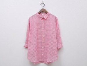 コットンラミーギンガムチェック七分袖シャツ　COL/ピンク×白