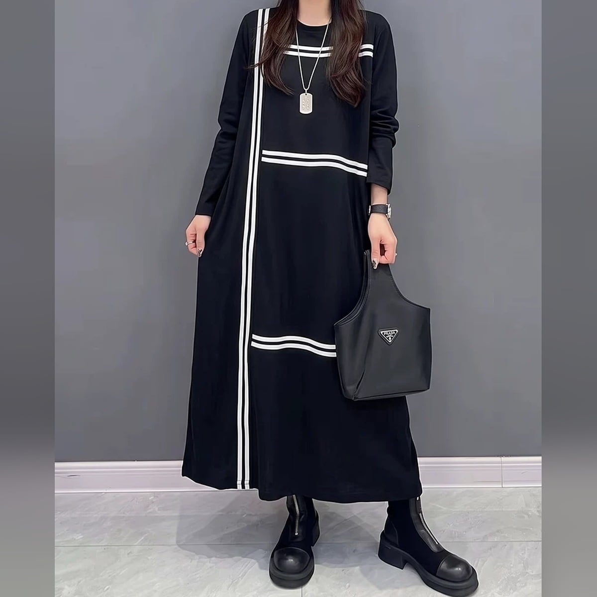 ライン配色 ロング Tシャツワンピース 1color ON1081