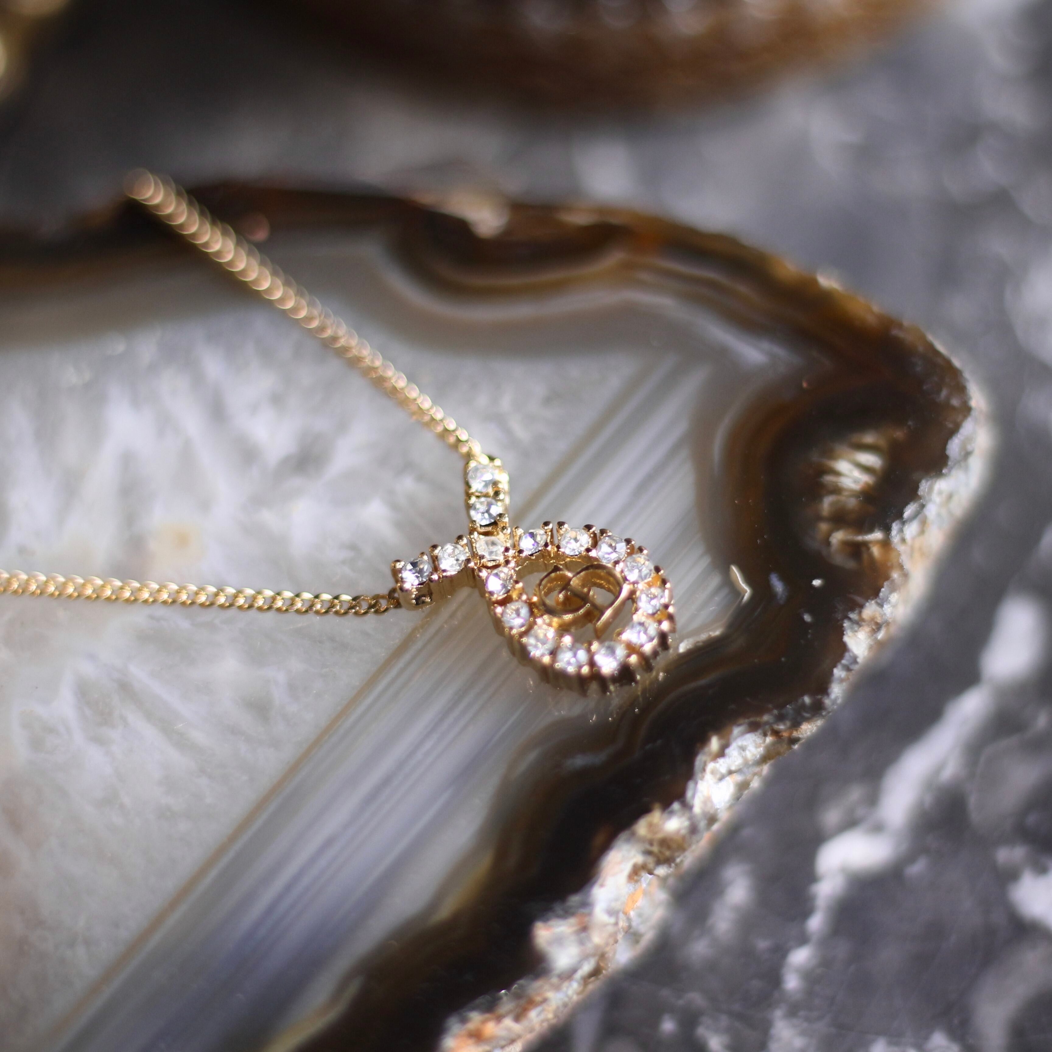 Christian Dior CLEAR STONE LOGO DESIGN GOLD CHAIN NECKLACE