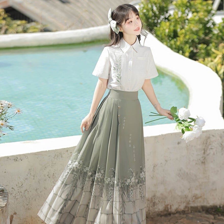 中華風セットアップ 半袖刺繍ブラウス花柄ロングスカート | ゴスロリ