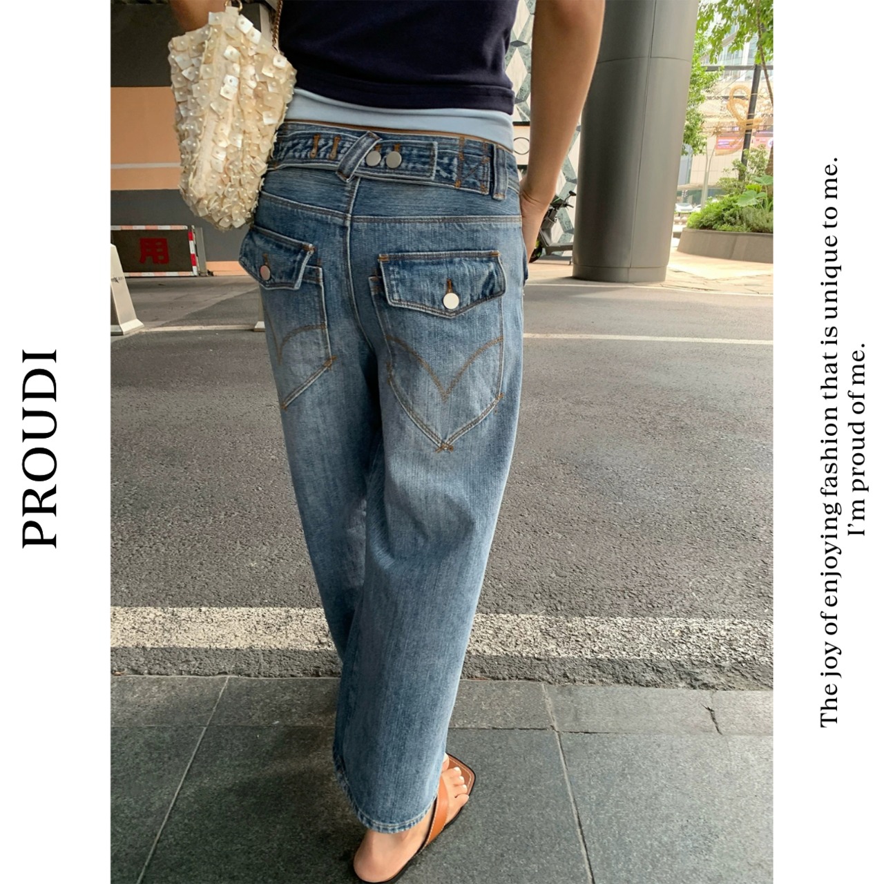 【チンストラップ付きワイドデニムパンツ 】P00899