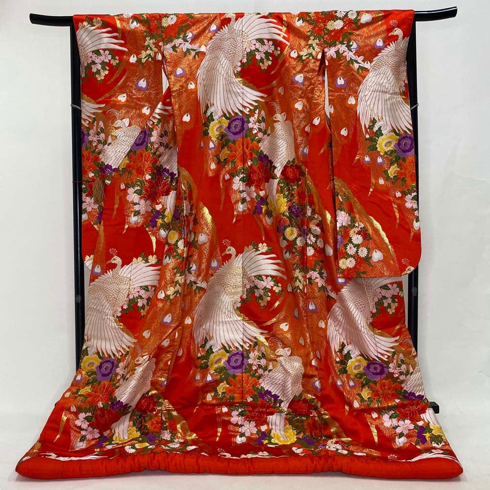色打掛 正絹 鶴 刺繍 金 赤 打掛 Mサイズ 裄66 花嫁衣裳 婚礼 リサイクル 中古 ブライダル ウエディング 着物 4003 色打掛 正絹 鶴 刺繍 金 赤 打掛 Mサイズ 裄66 花嫁衣裳 婚礼