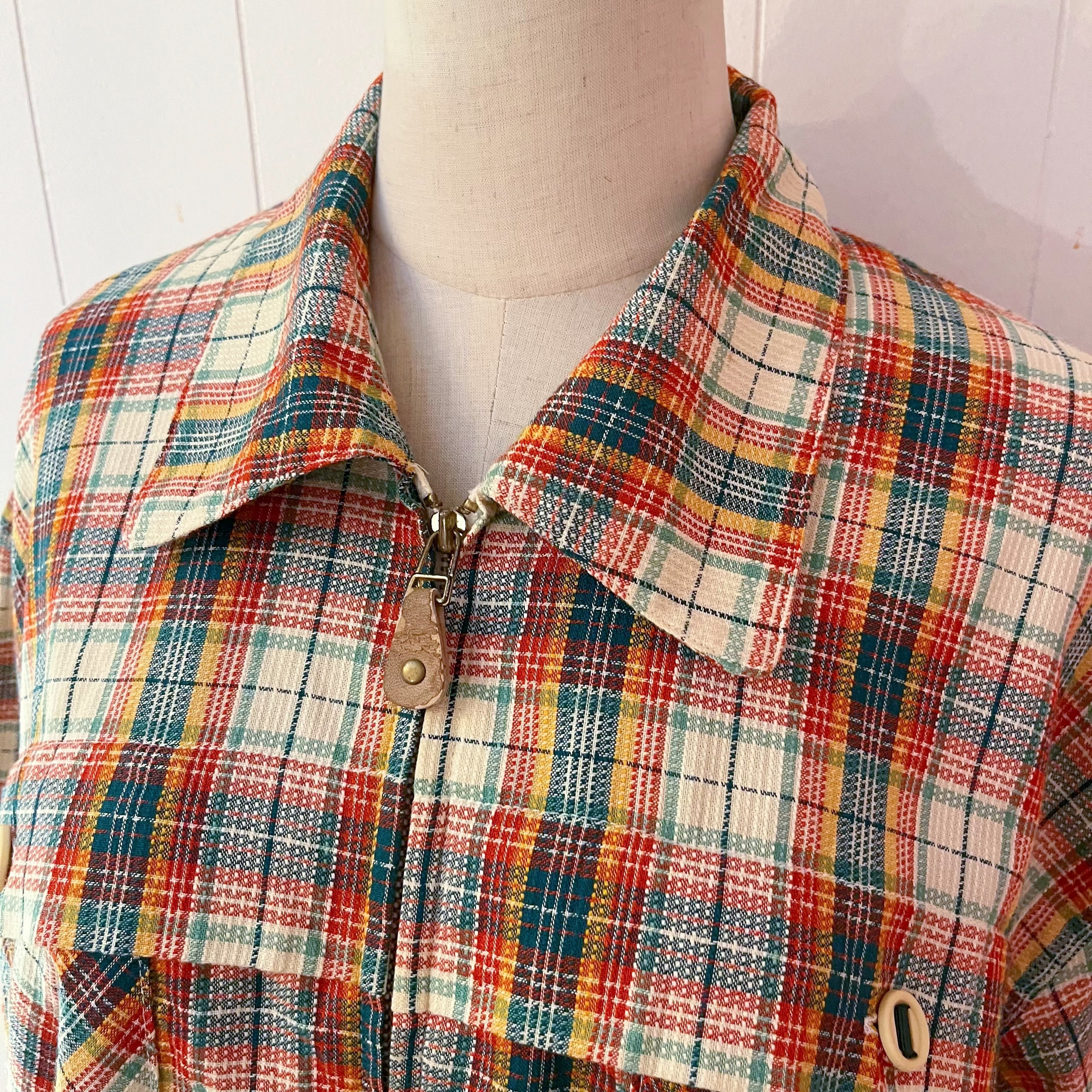 green madras check zip-up shirt