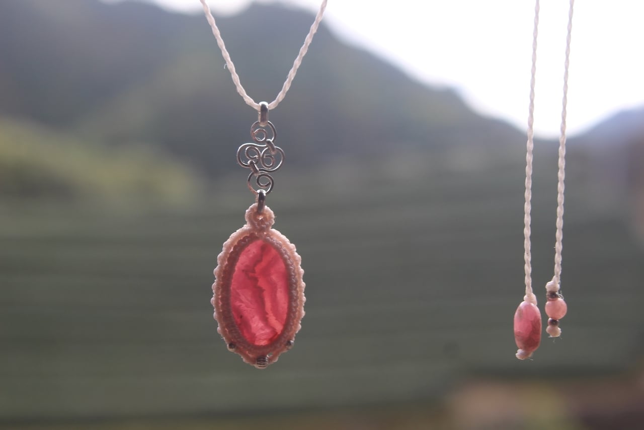 Rhodochrosite silver925 wirework micro macrame pendant