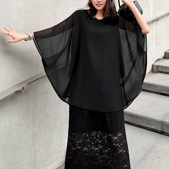 SHEER BATWING SLEEVES LAYERED LOOSE LONG TOP M-17217