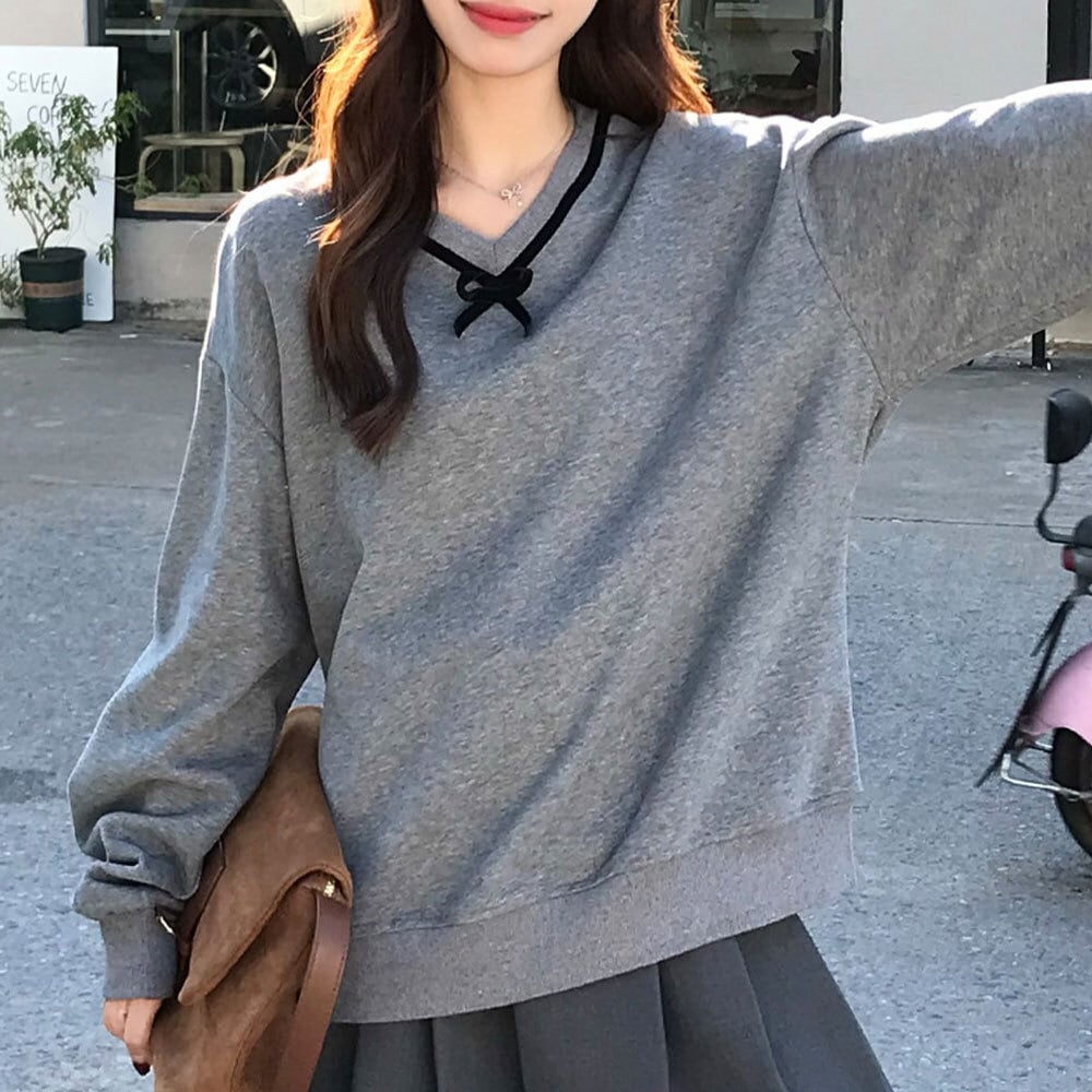 【送料無料】 スウェット シャツ 長袖 リボンネック レディース 春秋冬 韓国 おしゃれ 大人 カジュアル ゆったり シンプル Vネック 体型カバー 大人可愛い 大人女子