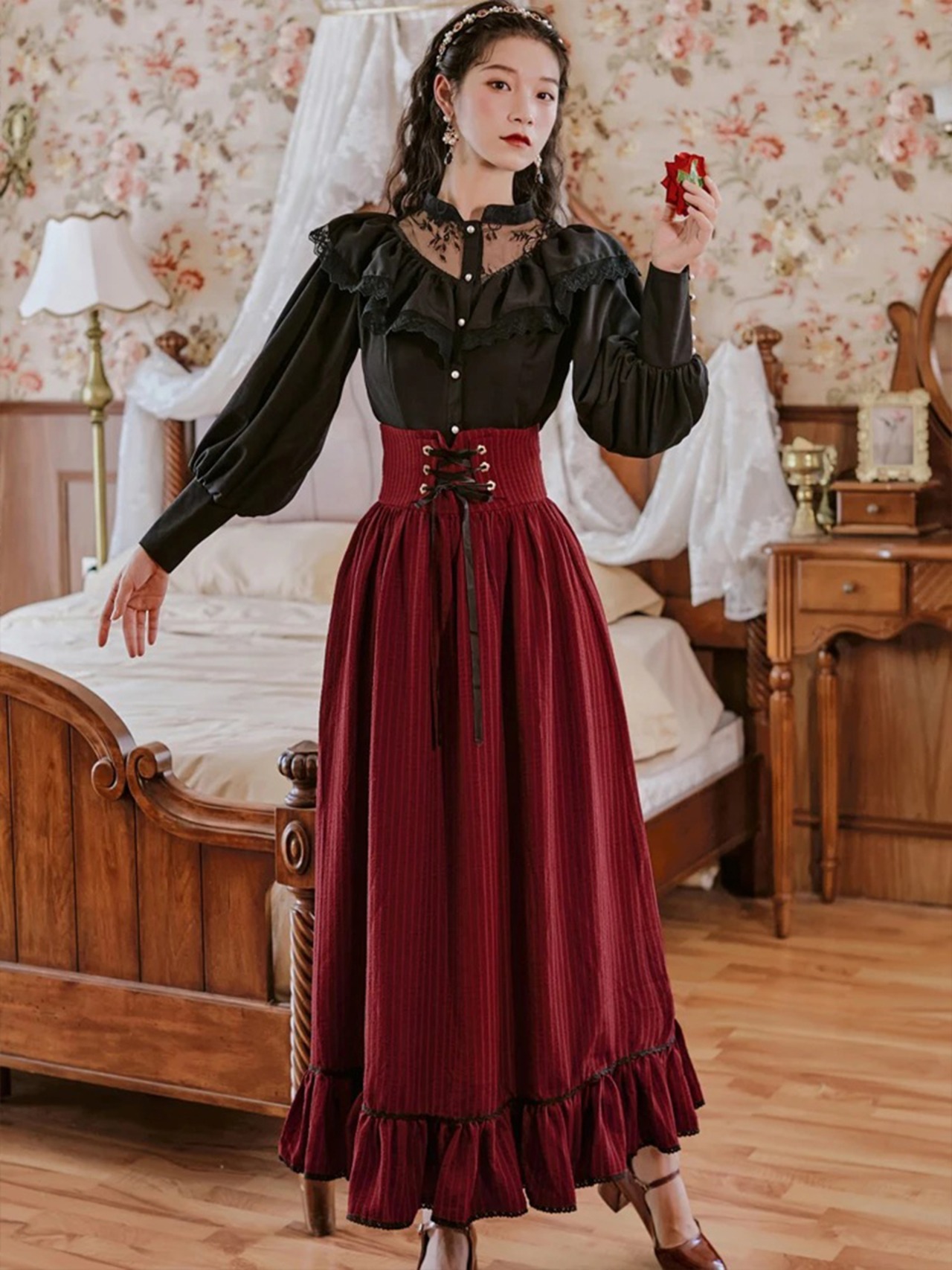 【0208】Elegant Black Red Long Sleeve 2 Piece Set