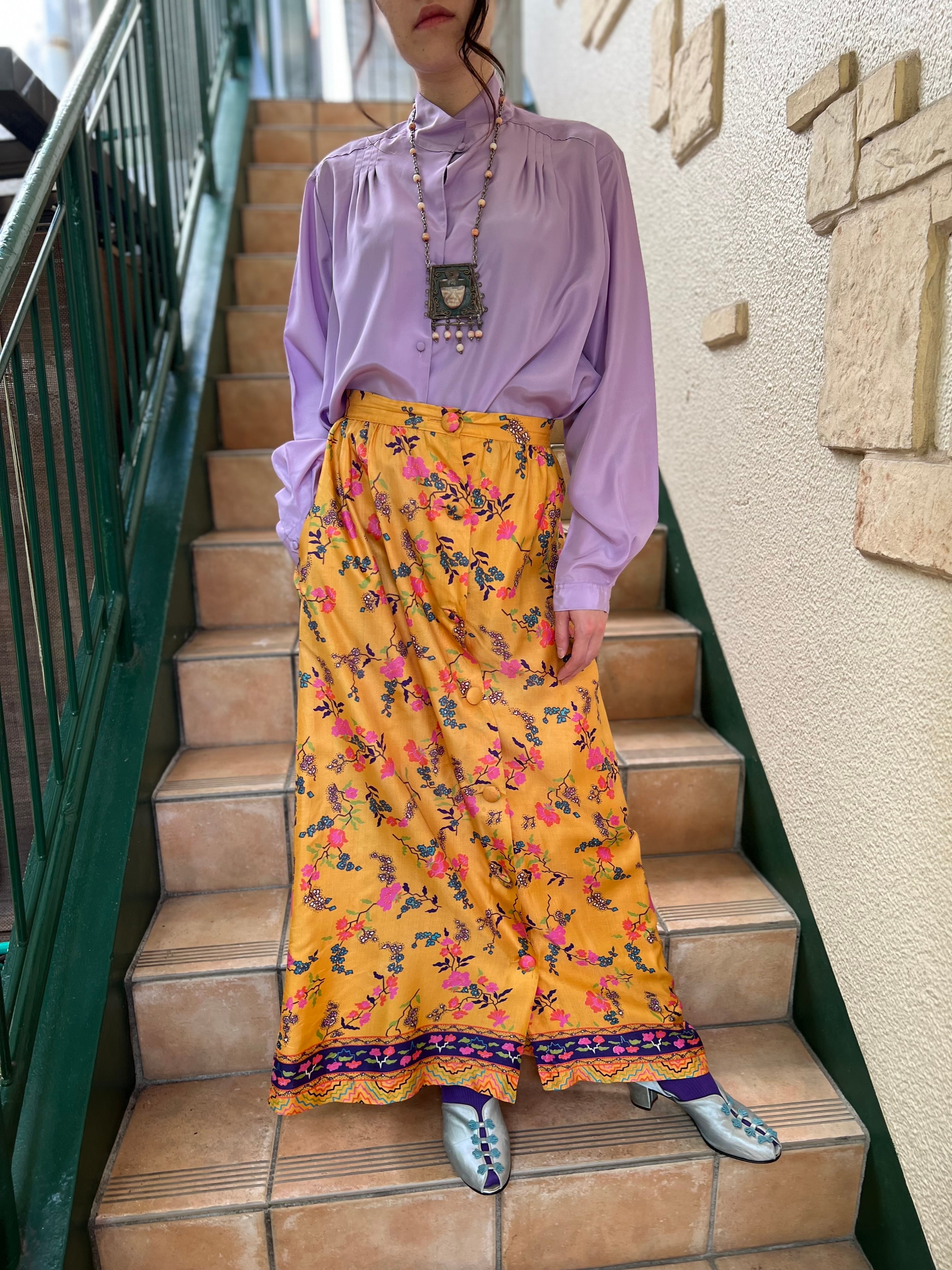 70s yellow × floral long skirt (ヴィンテージ イエロー × 花柄 