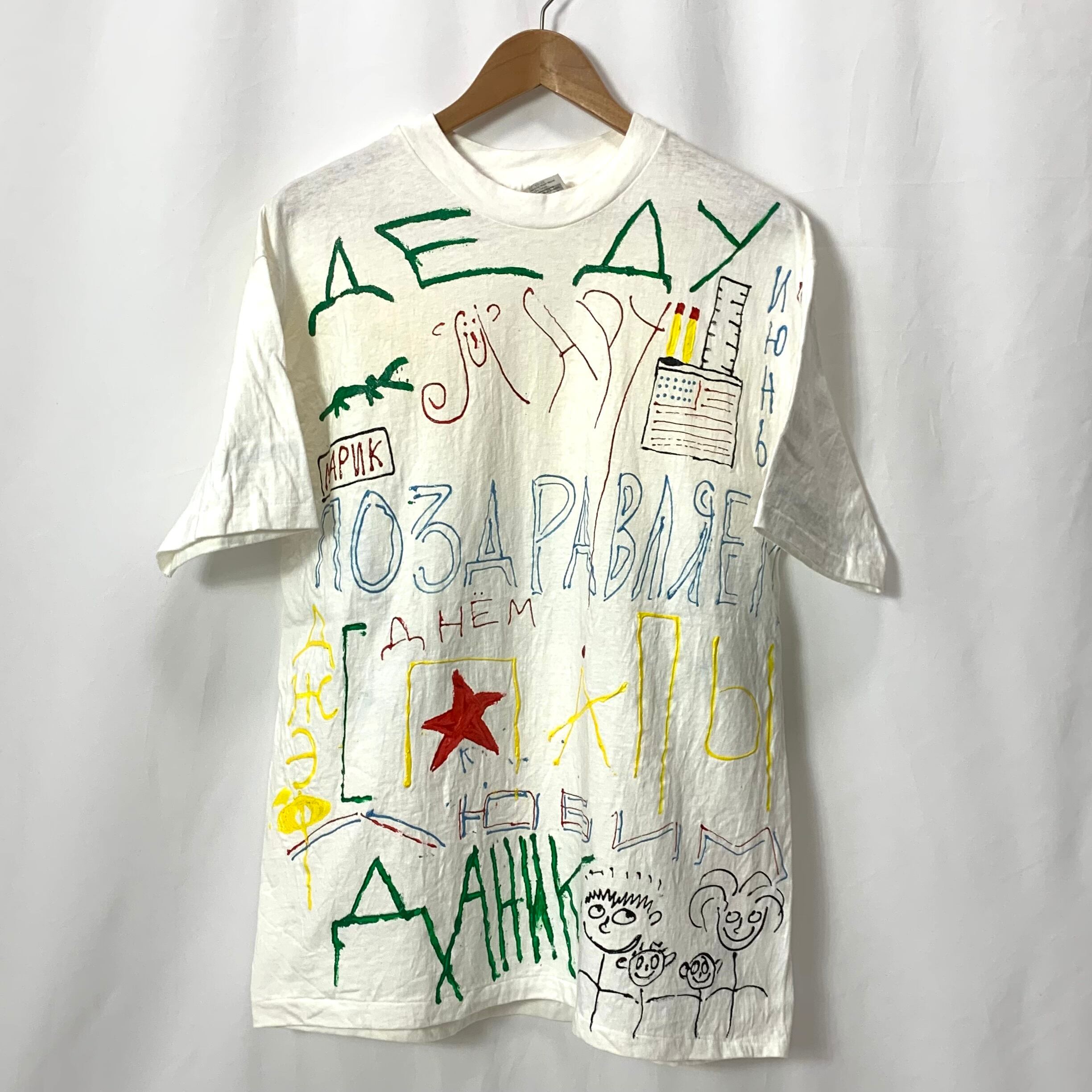 vintage 80s 90s print T-shirt Handpaint Hanes MADE IN USA プリントTシャツ ハンドペイント  ヘインズ アメリカ製 メンズ レディース ホワイト 白 size XL ビンテージ ヴィンテージ