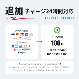 国内ギガ(100GB)+ モバイルルーター(HUNDRED Wi-Fi チャージ Type 本体)USB / 車載 / バッテリーレス