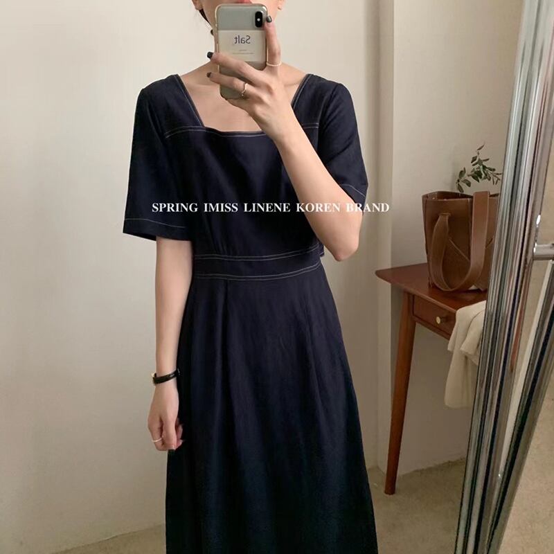 ドレス レディースサマースタイルルーズ薄手ウェスト半袖スリーブスカート ショート ハーフスリーブ 夏物 スクウェア ビッグFスモールZ韓国42705516906