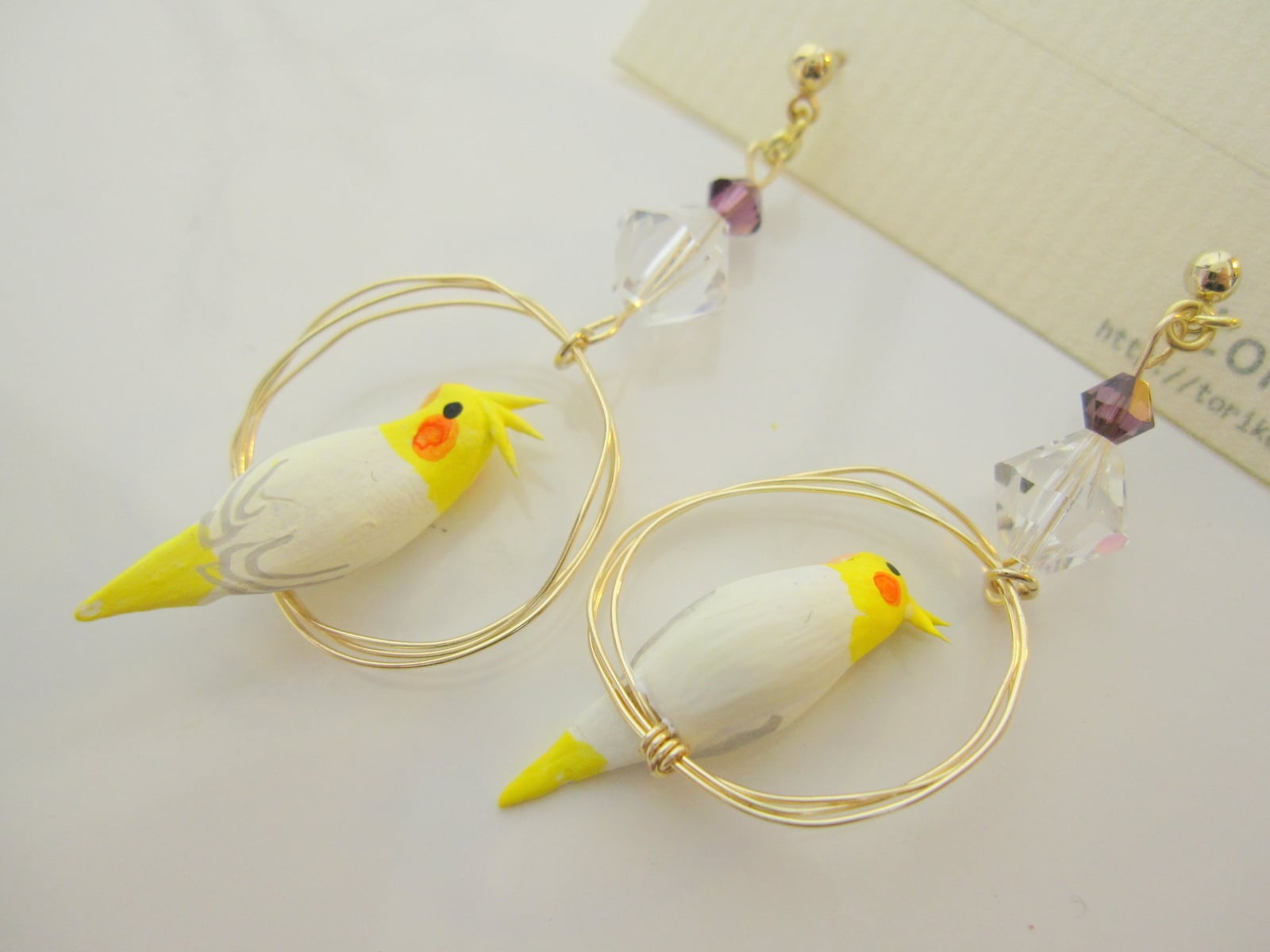 リング乗りオカメインコ（ルチノー）スワロフスキー付ピアス