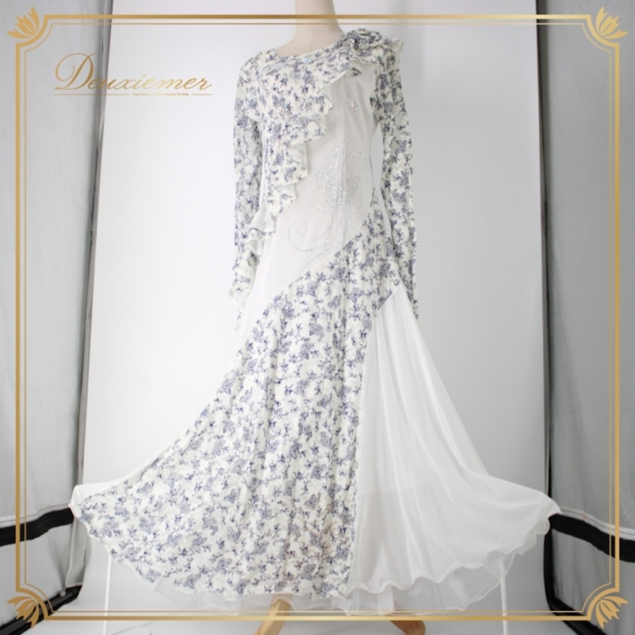 社交ダンス 衣装 スタンダード ドレス ワンピース レッスンウェア パーティドレス Da Vistosa ドニャヴィストーサ ホワイト系 ブルー系 白 青 花柄 レース 光沢感 ラインストーン エレガント レッスン用 ダンス用 発表会 フォーマル 派手 きれいめ ストレッチ 着心地良い 厚手 丈長 おしゃれ 体型カバー オールシーズン