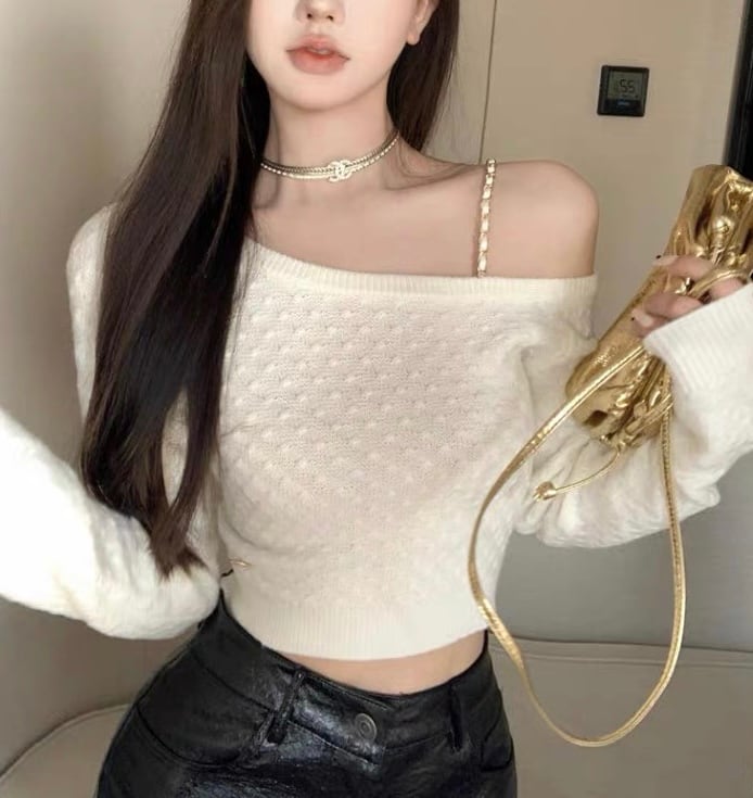 2色♡チェーンワンショルダー肩出しニットトップス | selectshop
