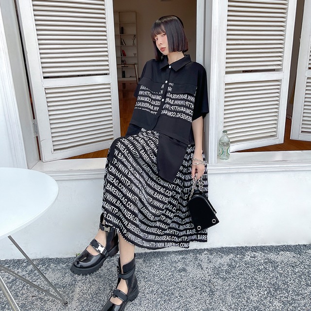 ブラックドレス サマールーズ薄手カラープリントスカート 夏物 ステッチ ラブタオタオダレンハウス83421712555