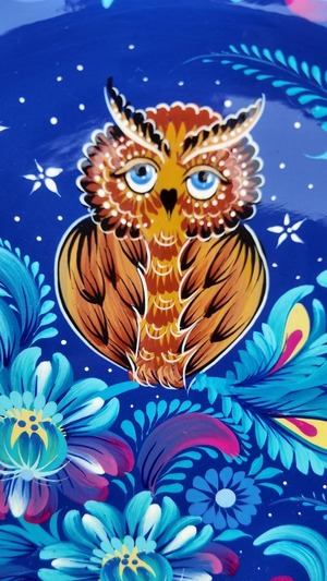 ペトリキウカ塗りのプレート 梟（ティモシェンコ作）20cm