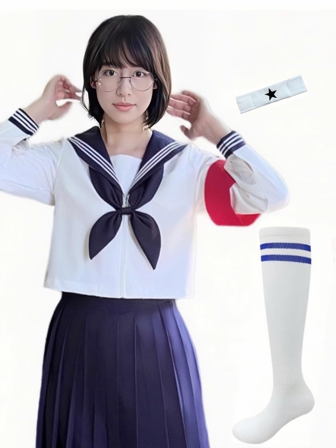 【数量限り】セーラー服 長袖 女子制服 リーダーズ 腕章 長めスカート 学生服 女子高校生 制服 コスチューム 5点セット JK制服 刺繍 白三本 紺色の襟 可愛い 清純 コスプレ 学園祭 文化祭 仮装 本格制服