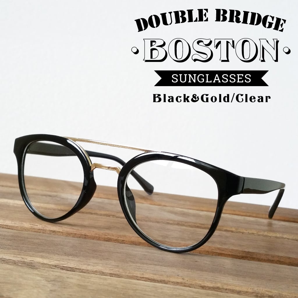最安値】 ブラックフレーム ボストンサングラス ヴィンテージゴールド透明 メガネ