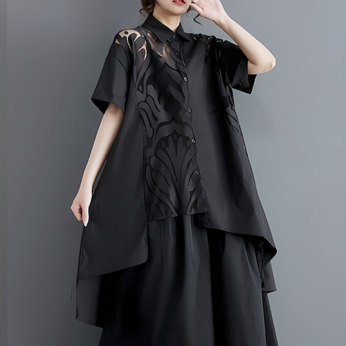 Lace switching asymmetrical shirt C0002