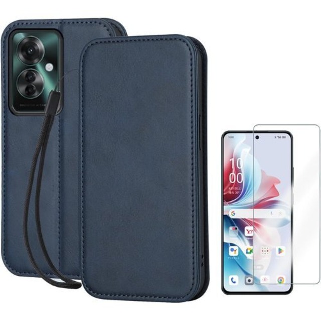 OPPO Reno11 A ケース 手帳型 wangChuan オッポ ネノ11 A スマホケース レザー カード収納 内蔵マグネット式 携帯ストラップ付き、ガラスフィルム付き レトロネイビー 2596