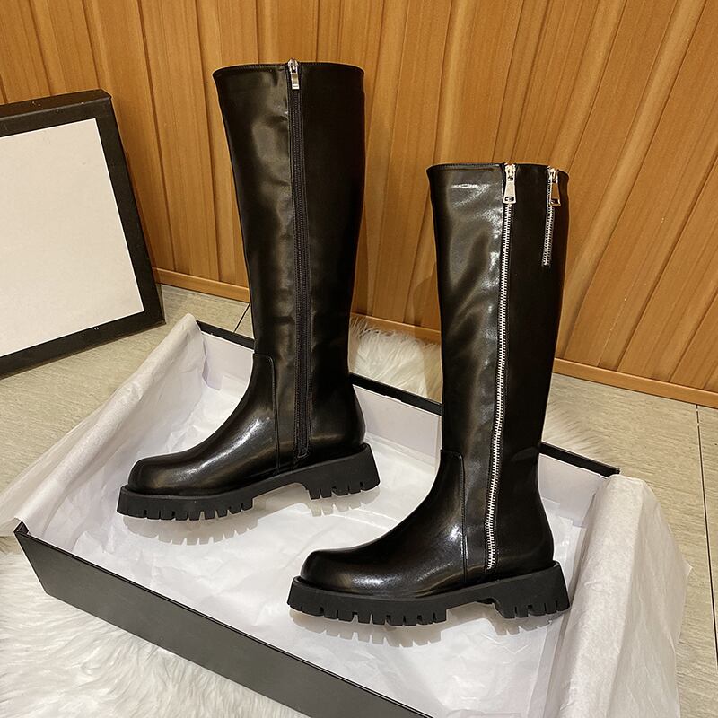 ロングブーツレッドカジュアルスタンダードブラック レトロ 靴 シューズ フェイクシューズ71014595346