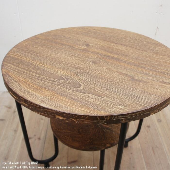 アンティーク調 カフェテーブル 丸型 木製天板 アイアン脚 鋳物 アイアンテーブル 65NR チーク材 天板 円卓 カフェテーブル 古材 木製