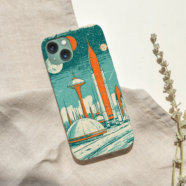 受注生産 iPhoneケース 未来都市とロケットの宇宙柄｜スペースエイジ RFSP020B