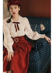 【0210】Heart Skirt Ribbon Long Sleeve 2 Piece Set