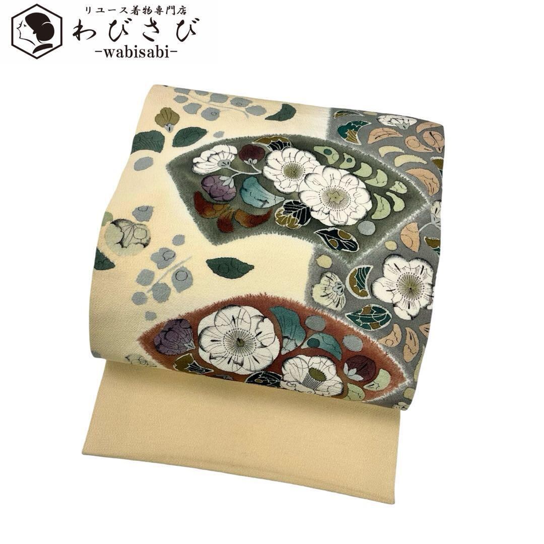 名古屋帯 手描き 地紙に美しい辻が花模様 薄卵色 縮緬 O-3878  