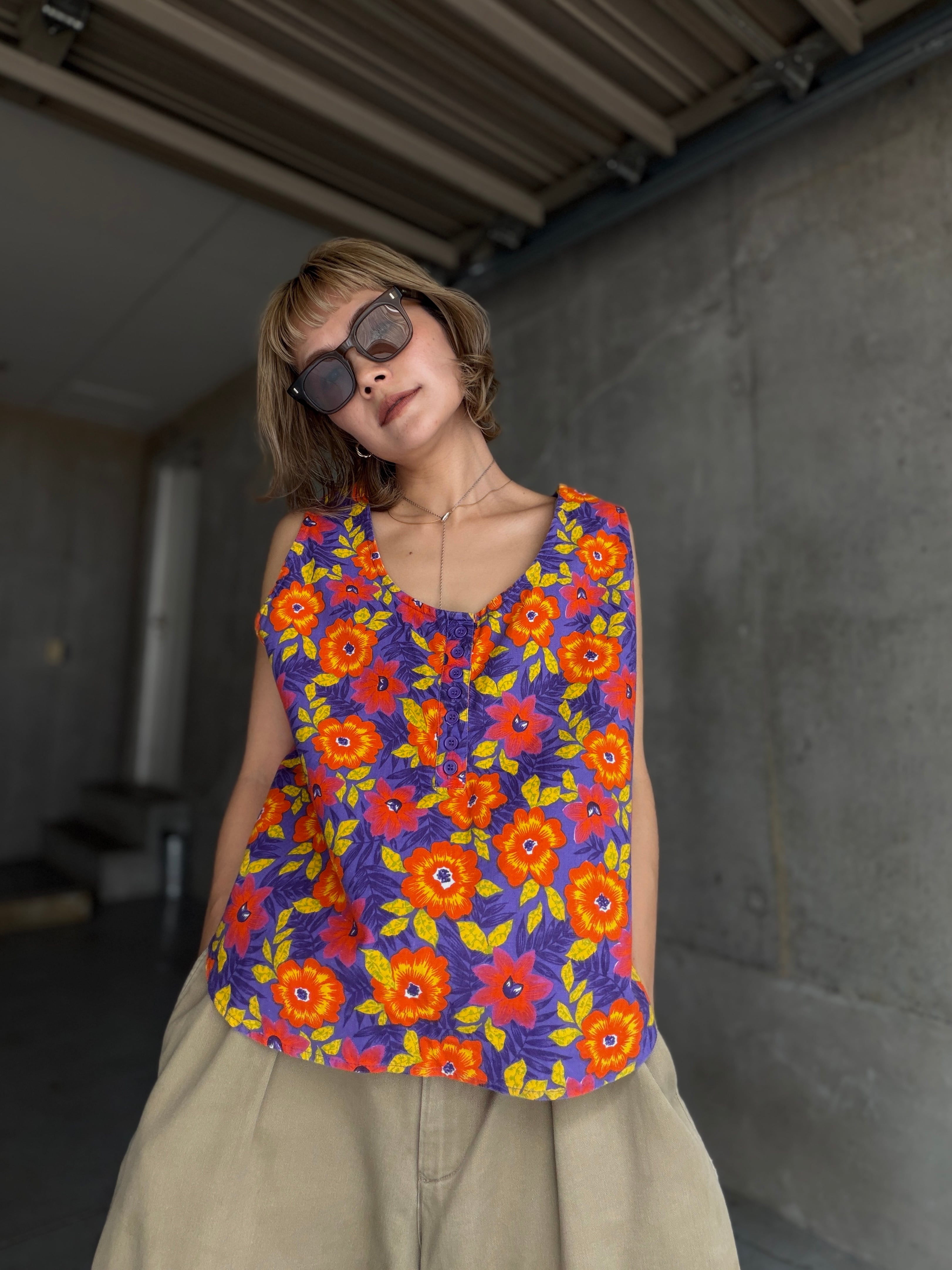 (SH1416)flower print no sleeve shirt